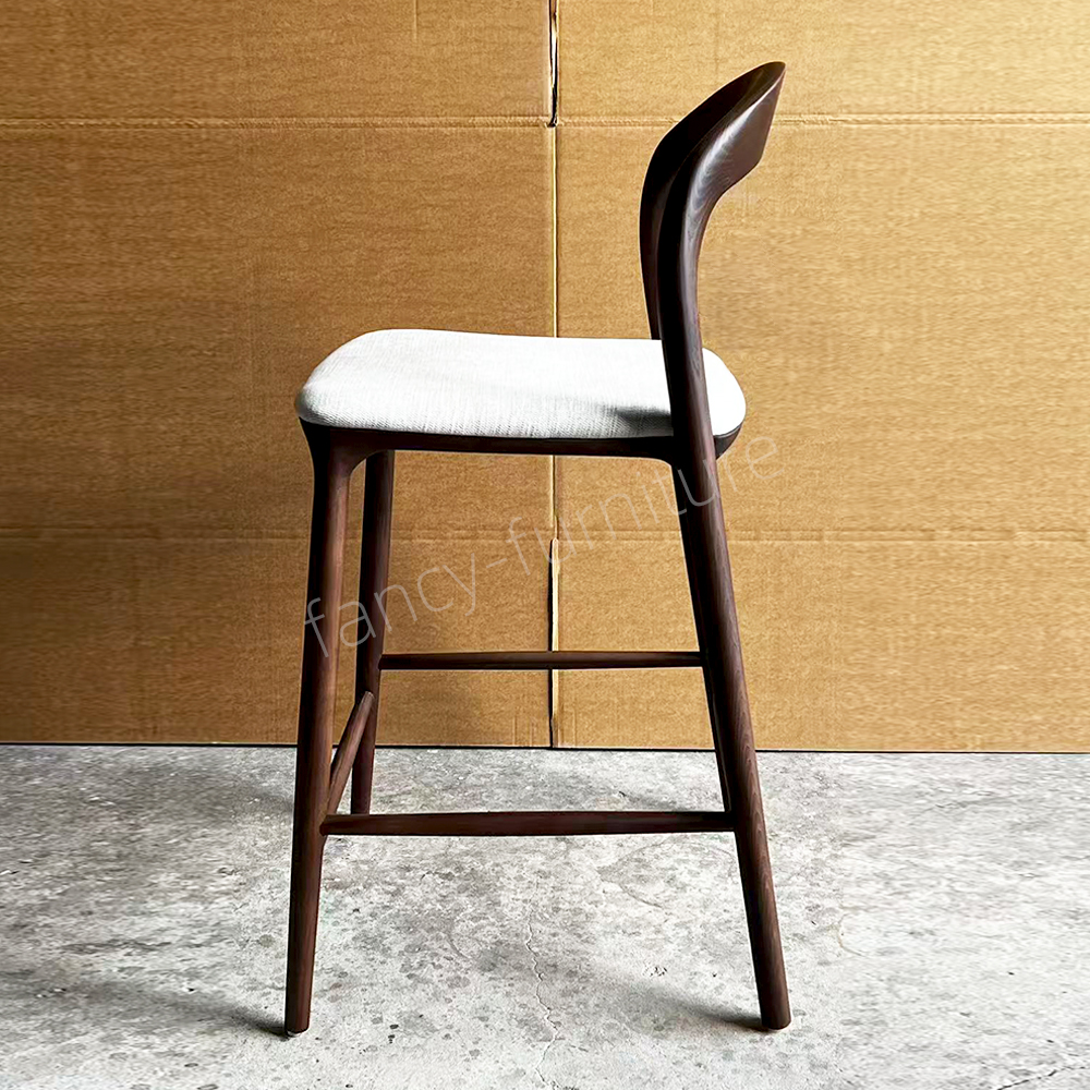 Modern Walnut Solid Wood Bar Stool with Upholstered Cushion, Curved Back Counter Height Chair for Kitchen & Bar