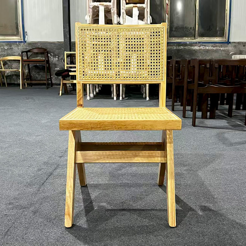 High Quality Rubber Wood Dining Chair, Nordic Style Armless Woven Rattan Chair with Natural Rubber Wood Frame for Home