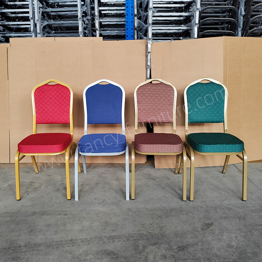 Used Hotel Banquet Chairs Cheap Stackable Stable Modern Metal Fabric Solid Back Foam Cushion Iron Legs Smile Banquet Chair