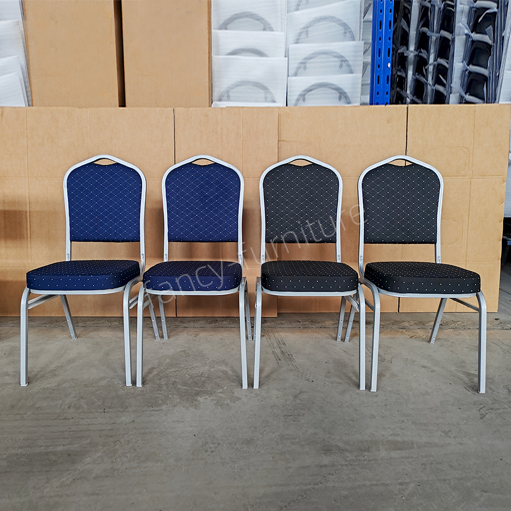 Fancy Banquet Chair Modern Metal Fabric Stackable Stable Commercial Hotel Dining Chair Solid Back Foam Cushion Iron Legs Outdoor