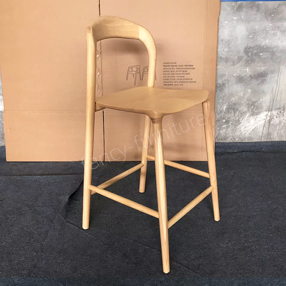 Modern Solid Wood Bar Stool, Curved Backrest Counter Height Chair, Natural Ash Wood Finish for Kitchen & Bar