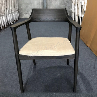 Black Finished Ash Wood Hiroshima Dining Chair with Soft Cushion, Minimalist Japanese Style Arm Chair for Home Use
