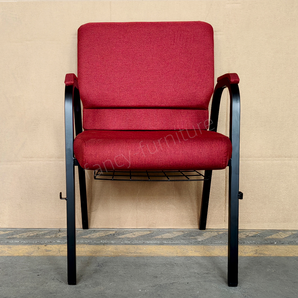 Stackable Iron Frame Church Chair With Arm Linen Fabric Thick Foam Padded Worship Chair Custom Color For Religious Venue Auditorium Bulk Supply