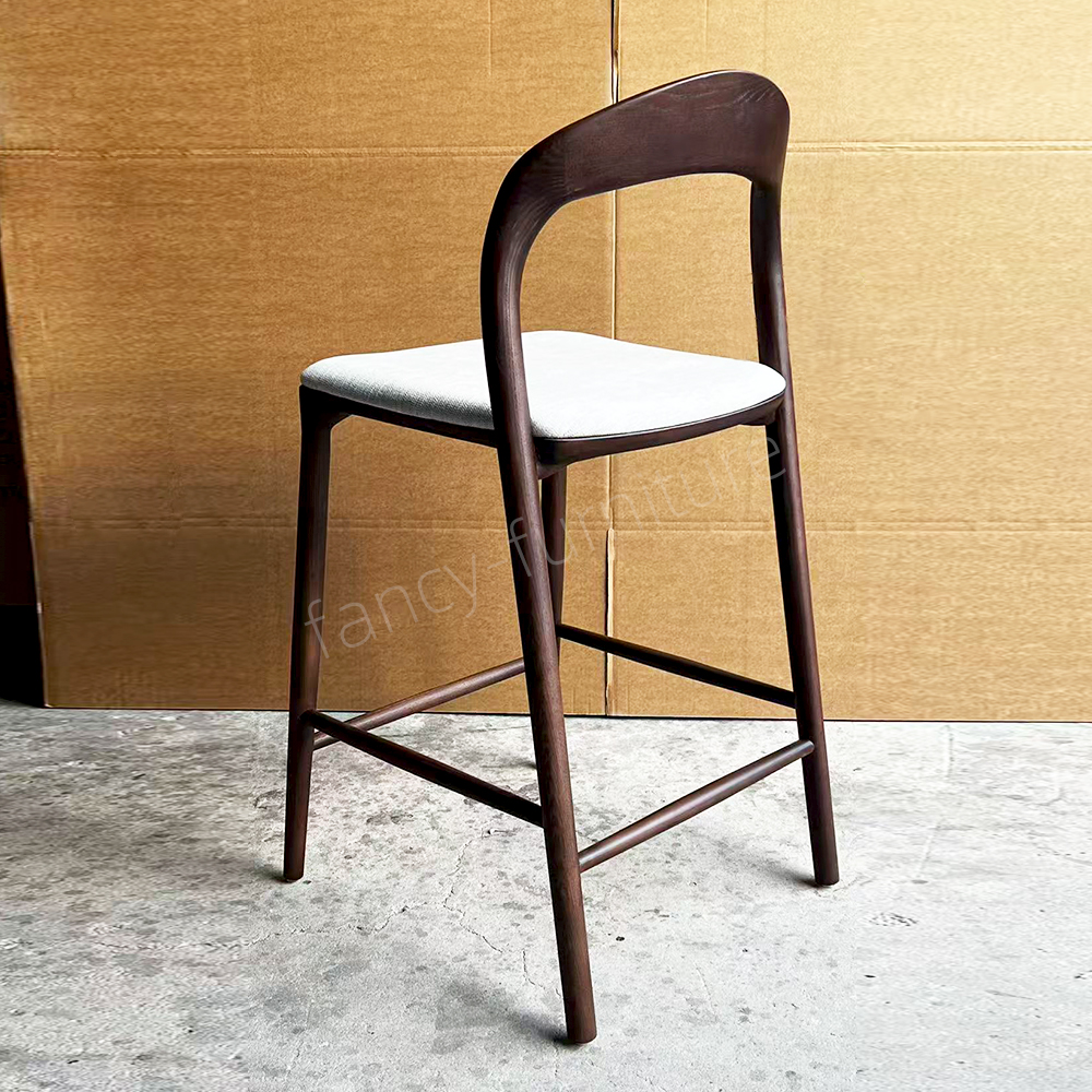 Modern Walnut Solid Wood Bar Stool with Upholstered Cushion, Curved Back Counter Height Chair for Kitchen & Bar