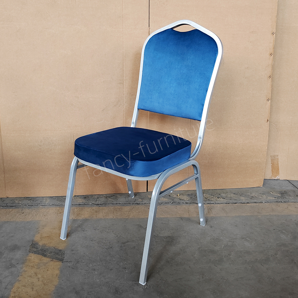 Fancy Banquet Chair Modern Metal Fabric Stackable Stable Commercial Hotel Dining Chair Solid Back Foam Cushion Iron Legs Intdoor