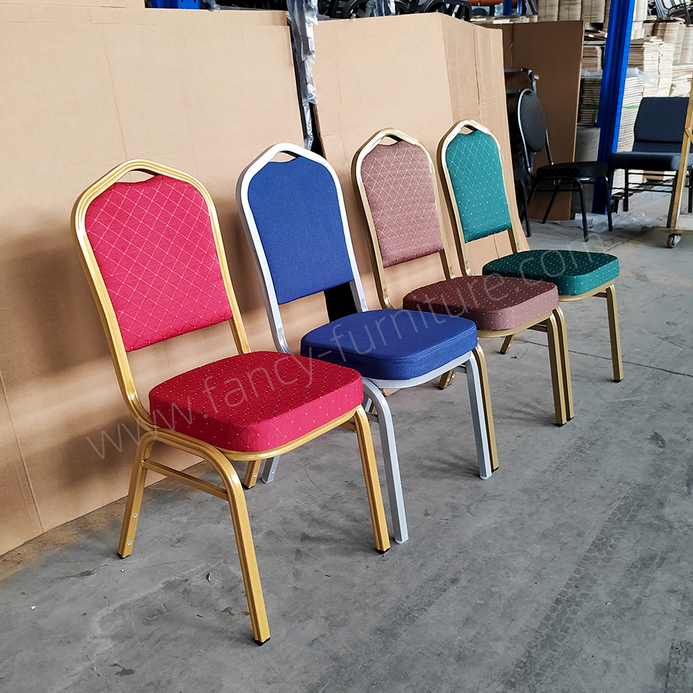 Used Hotel Banquet Chairs Cheap Stackable Stable Modern Metal Fabric Solid Back Foam Cushion Iron Legs Smile Banquet Chair