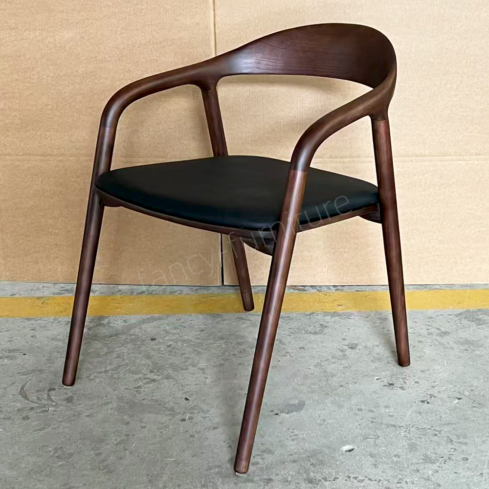Factory Direct Sales of Modern Design Walnut-colored Solid Wood Dining Chairs with Laser-engraved, Nail-free Seat Panels And PU Cushions.
