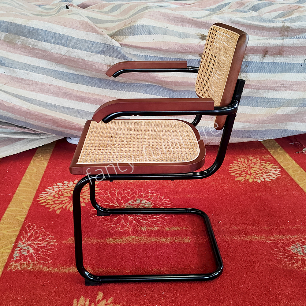 Nordic Armed Arched Rattan Dining Chair, Beech Wood Edge Plastic Rattan Chair with Spray Black Legs