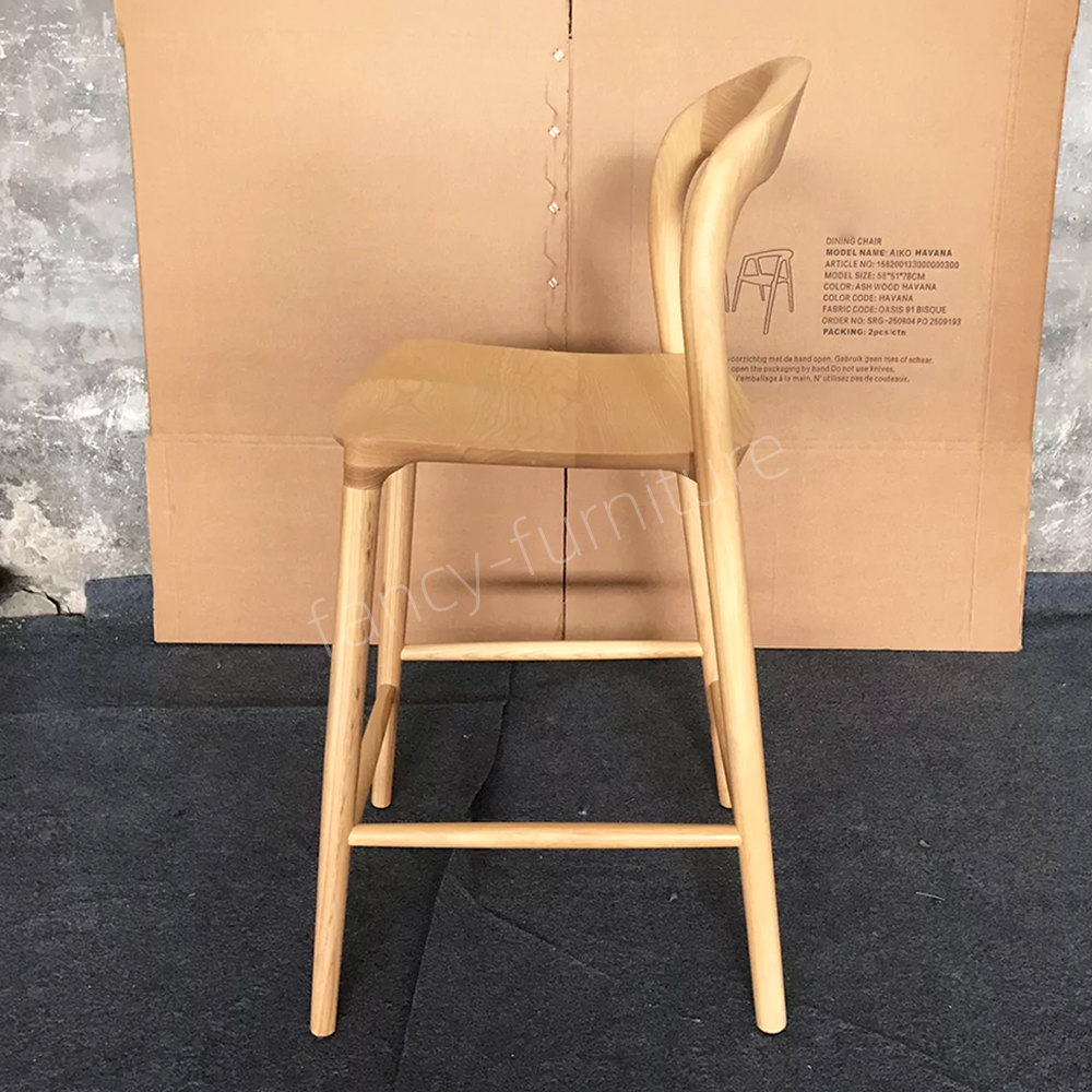 Modern Solid Wood Bar Stool, Curved Backrest Counter Height Chair, Natural Ash Wood Finish for Kitchen & Bar