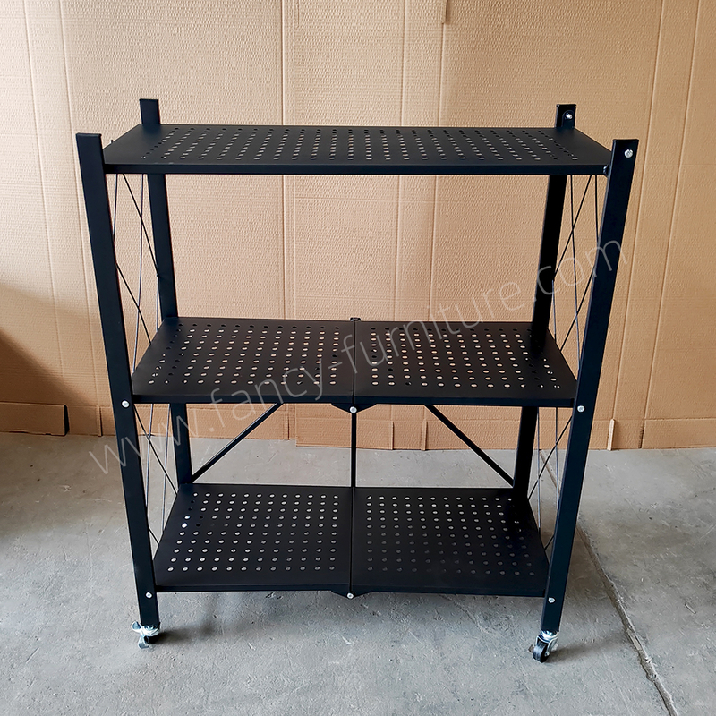 3 Tier Foldable Metal Storage Shelf with Wheels, Collapsible Rolling Rack, Heavy Duty No Assembly Organizer for Kitchen Home