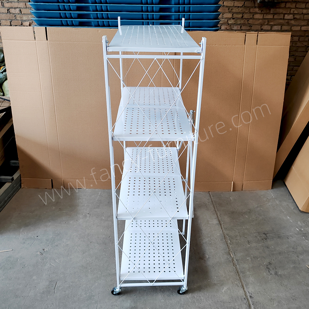 4-Tier Foldable Iron Kitchen Storage Shelf with Wheels Heavy Duty Powder-Coated Rolling Rack Organizer for Microwave Oven Food