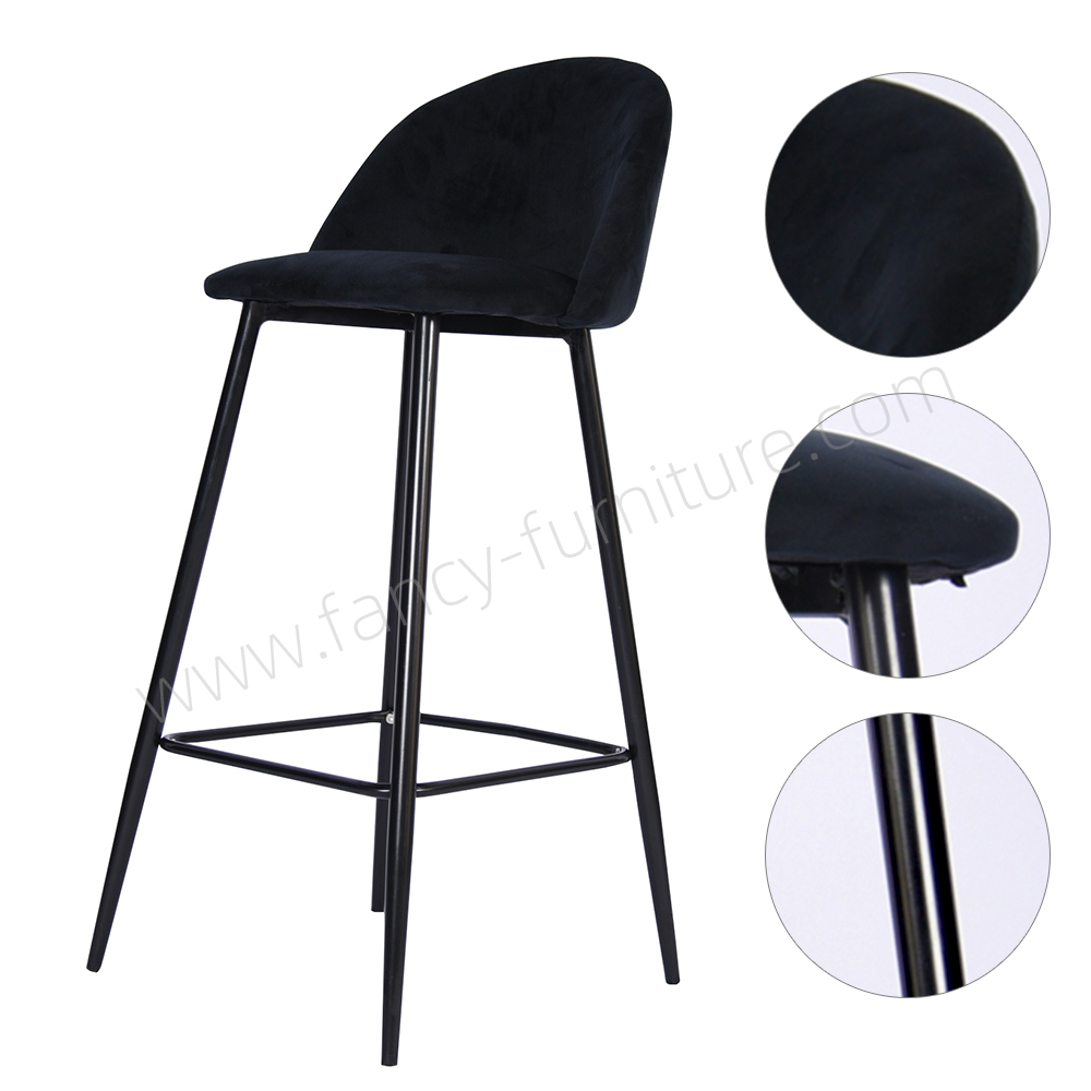 Modern Velvet Bar Chair with Black Legs Comfortable Height Bar Stool with Footrest for Kitchen Island, Home Bar