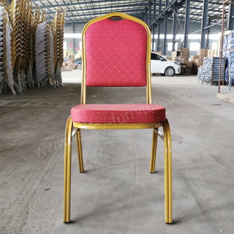 Cheap Wholesale Stacking Banquet Chair Blue Fabric Gold Metal Frame Stackable Hotel Party Event Restaurant Dining Chair