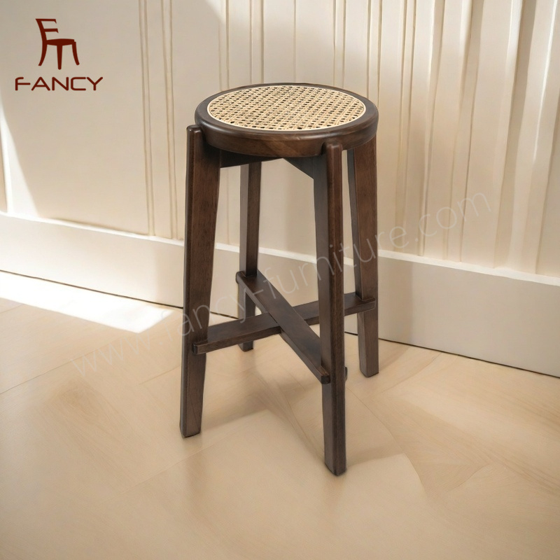 Real Rattan Cushion Round Stool Rubber Wood European Style High-end Home Luxury Solid Wood Chair