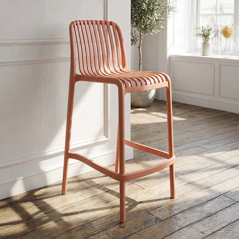 High-quality vertical-striped plastic bar stool; stackable and suitable for various settings such as outdoors and beaches; available in a range of customizable colors.