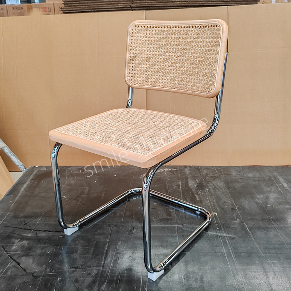 Armless Rattan Accent Chair, Natural Beech Wood Trim Plastic Rattan Backrest Chair with Electroplated Metal Legs for Home Dining