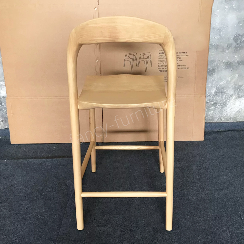 Modern Solid Wood Bar Stool, Curved Backrest Counter Height Chair, Natural Ash Wood Finish for Kitchen & Bar