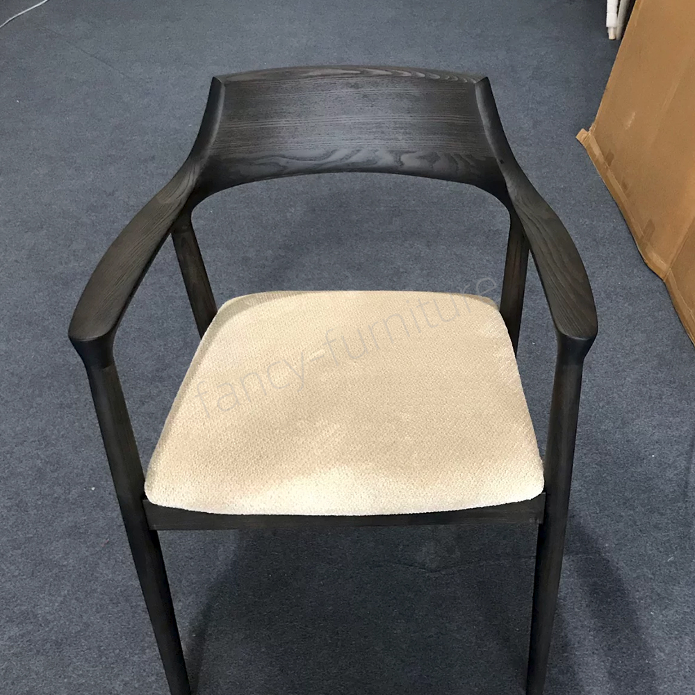 Black Finished Ash Wood Hiroshima Dining Chair with Soft Cushion, Minimalist Japanese Style Arm Chair for Home Use