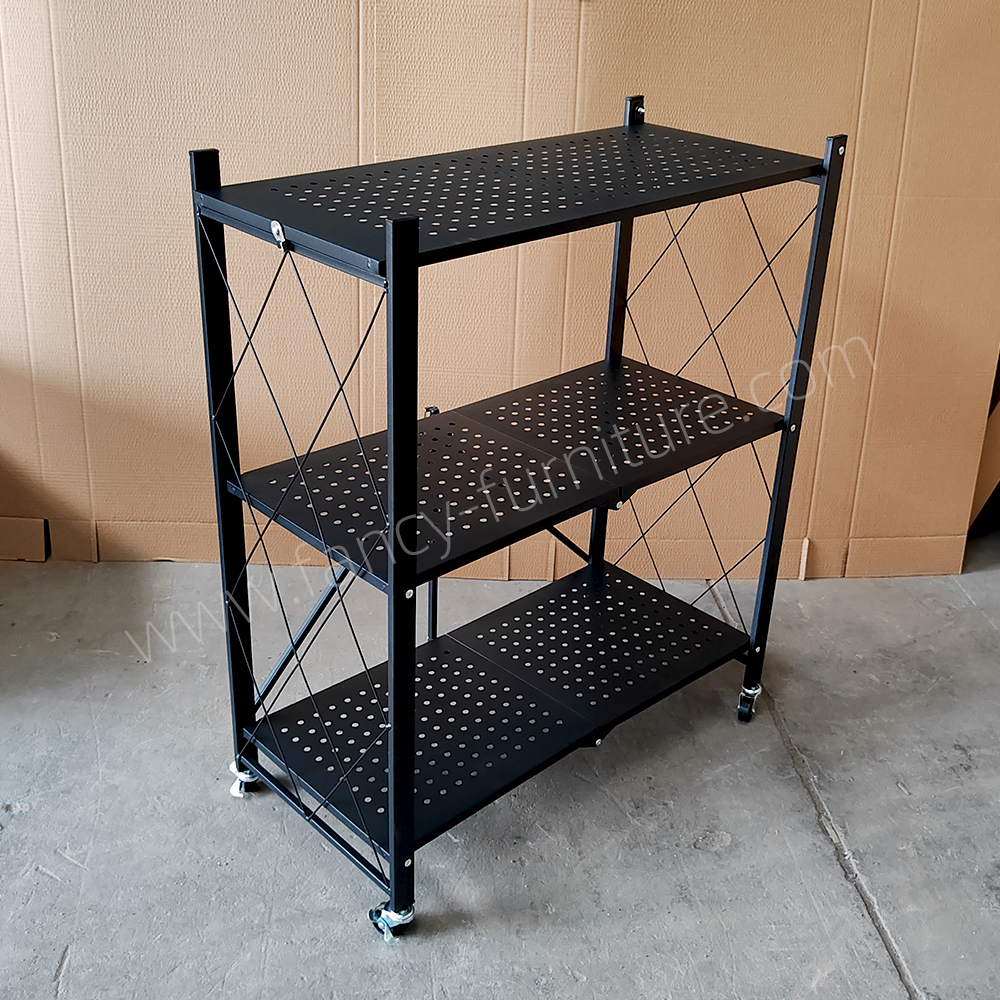 3 Tier Foldable Metal Storage Shelf with Wheels, Collapsible Rolling Rack, Heavy Duty No Assembly Organizer for Kitchen Home