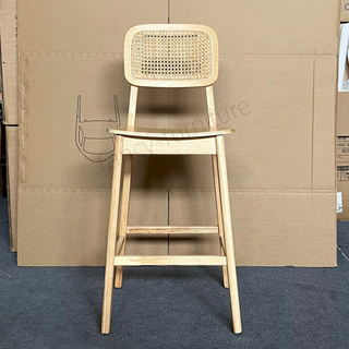 Wholesale Modern Ash Wood Bar Stool with Real Rattan Back & Seat, Ergonomic Counter Height Kitchen Bar Chair with Solid Wood Frame for Home, Restaurant