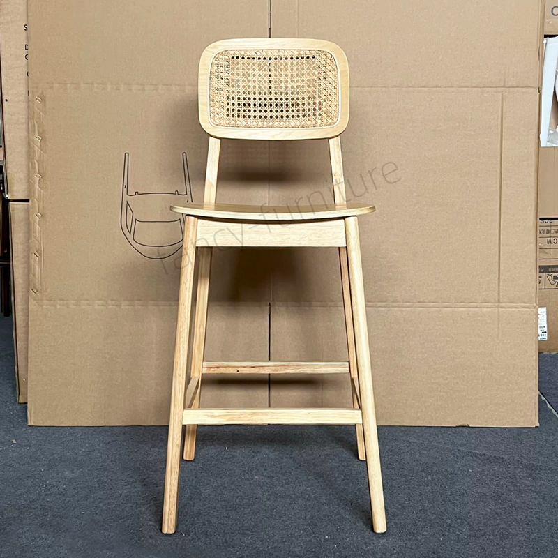 Wholesale Modern Ash Wood Bar Stool with Real Rattan Back & Seat, Ergonomic Counter Height Kitchen Bar Chair with Solid Wood Frame for Home, Restaurant,