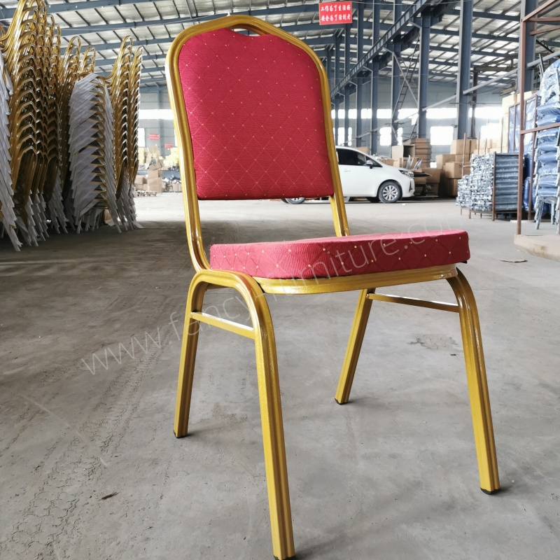 Cheap Wholesale Stacking Banquet Chair Blue Fabric Gold Metal Frame Stackable Hotel Party Event Restaurant Dining Chair