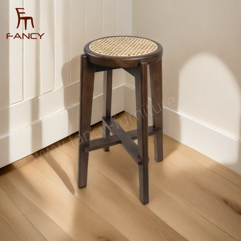 Real Rattan Cushion Round Stool Rubber Wood European Style High-end Home Luxury Solid Wood Chair