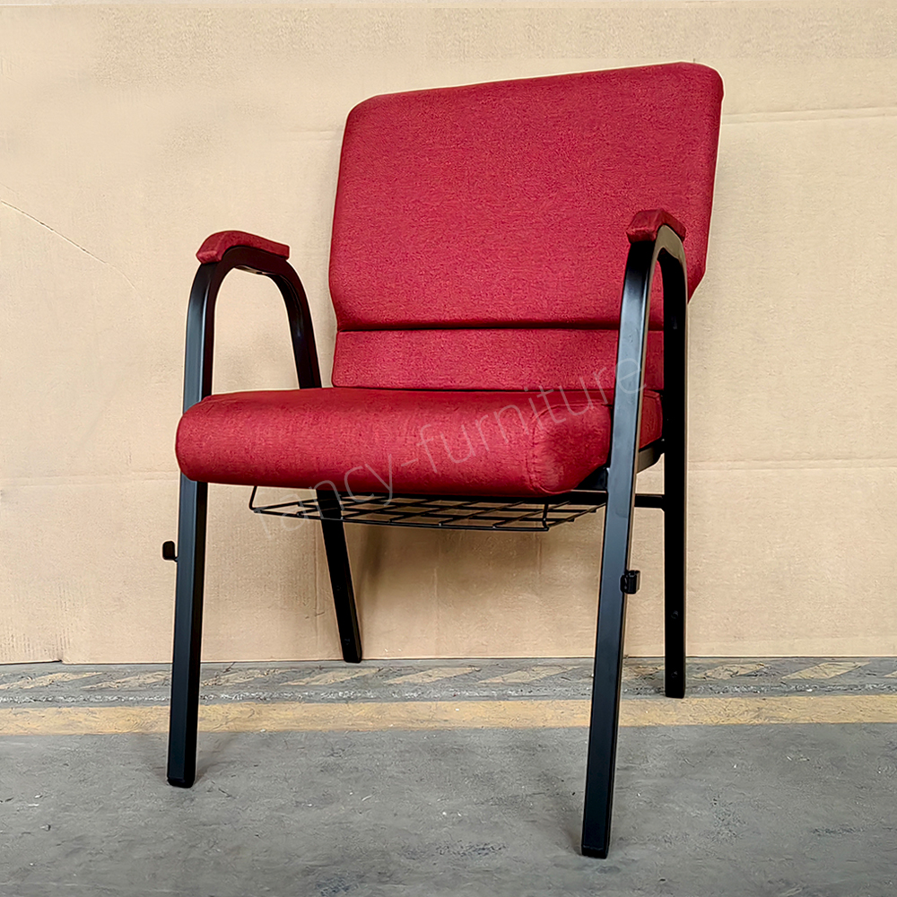 Stackable Iron Frame Church Chair With Arm Linen Fabric Thick Foam Padded Worship Chair Custom Color For Religious Venue Auditorium Bulk Supply