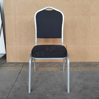Black Fancy Banquet Chair Modern Metal Fabric Stackable Stable Commercial Hotel Dining Chair Solid Back Foam Cushion Iron Legs
