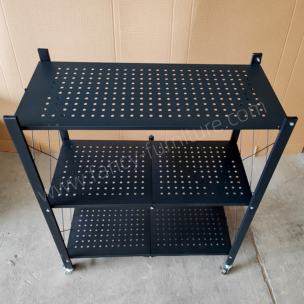 3 Tier Foldable Metal Storage Shelf with Wheels, Collapsible Rolling Rack, Heavy Duty No Assembly Organizer for Kitchen Home