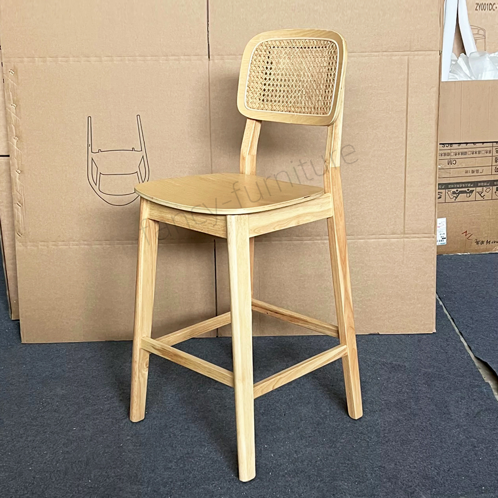 Wholesale Modern Ash Wood Bar Stool with Real Rattan Back & Seat, Ergonomic Counter Height Kitchen Bar Chair with Solid Wood Frame for Home, Restaurant,