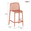 High-quality vertical-striped plastic bar stool; stackable and suitable for various settings such as outdoors and beaches; available in a range of customizable colors.