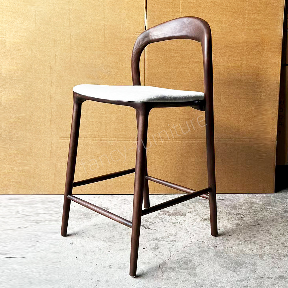Modern Walnut Solid Wood Bar Stool with Upholstered Cushion, Curved Back Counter Height Chair for Kitchen & Bar
