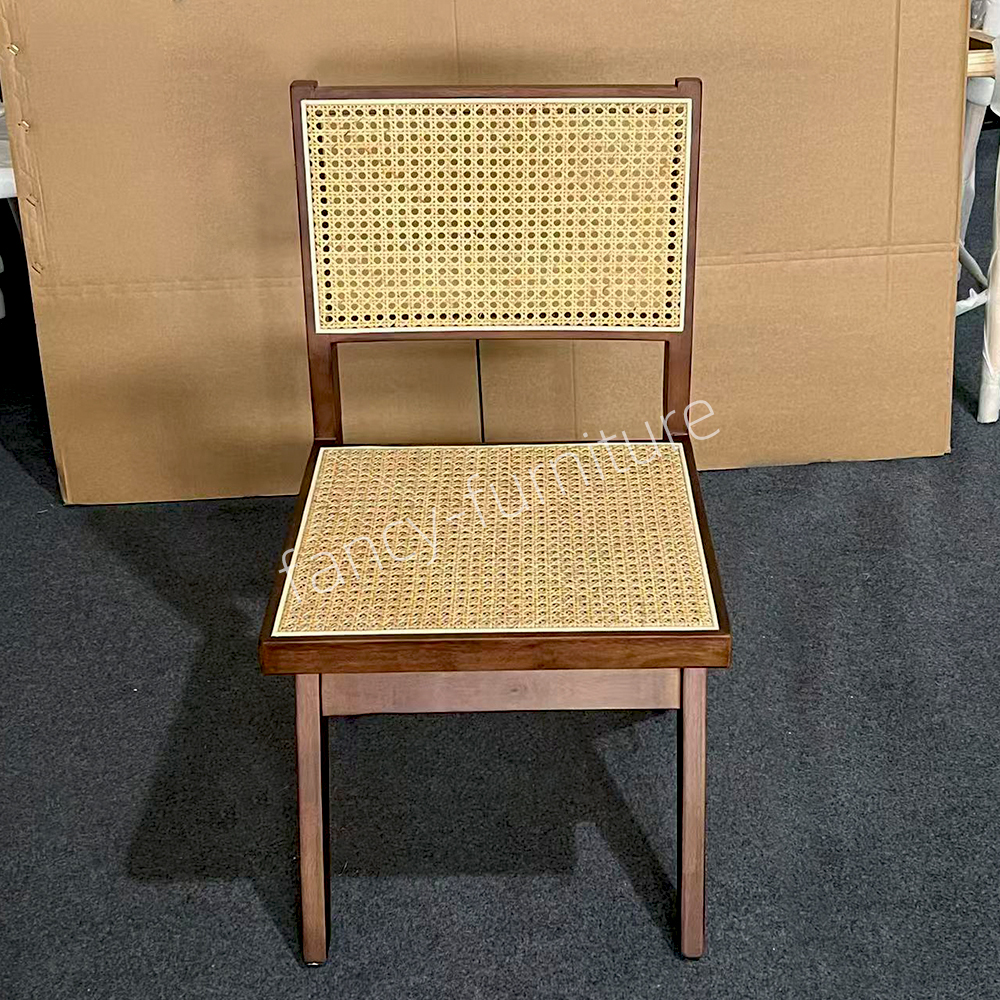 Rubber Wood Frame Rattan Dining Chair, Nordic Style Armless Woven Chair with Natural Finish for Home, Restaurant & Banquet