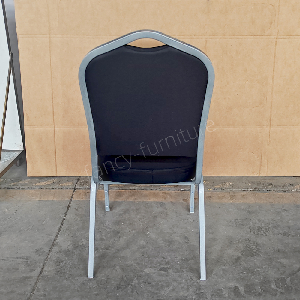 Black Fancy Banquet Chair Modern Metal Fabric Stackable Stable Commercial Hotel Dining Chair Solid Back Foam Cushion Iron Legs