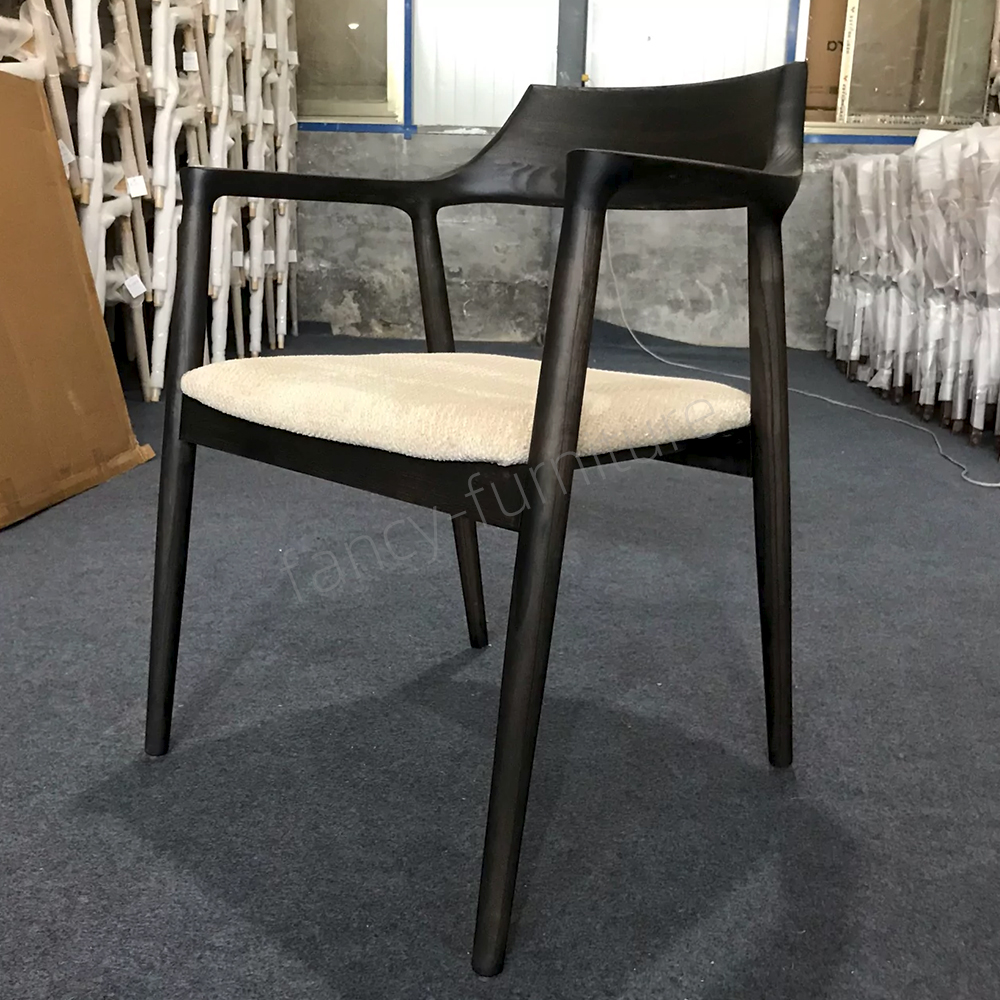 Black Finished Ash Wood Hiroshima Dining Chair with Soft Cushion, Minimalist Japanese Style Arm Chair for Home Use
