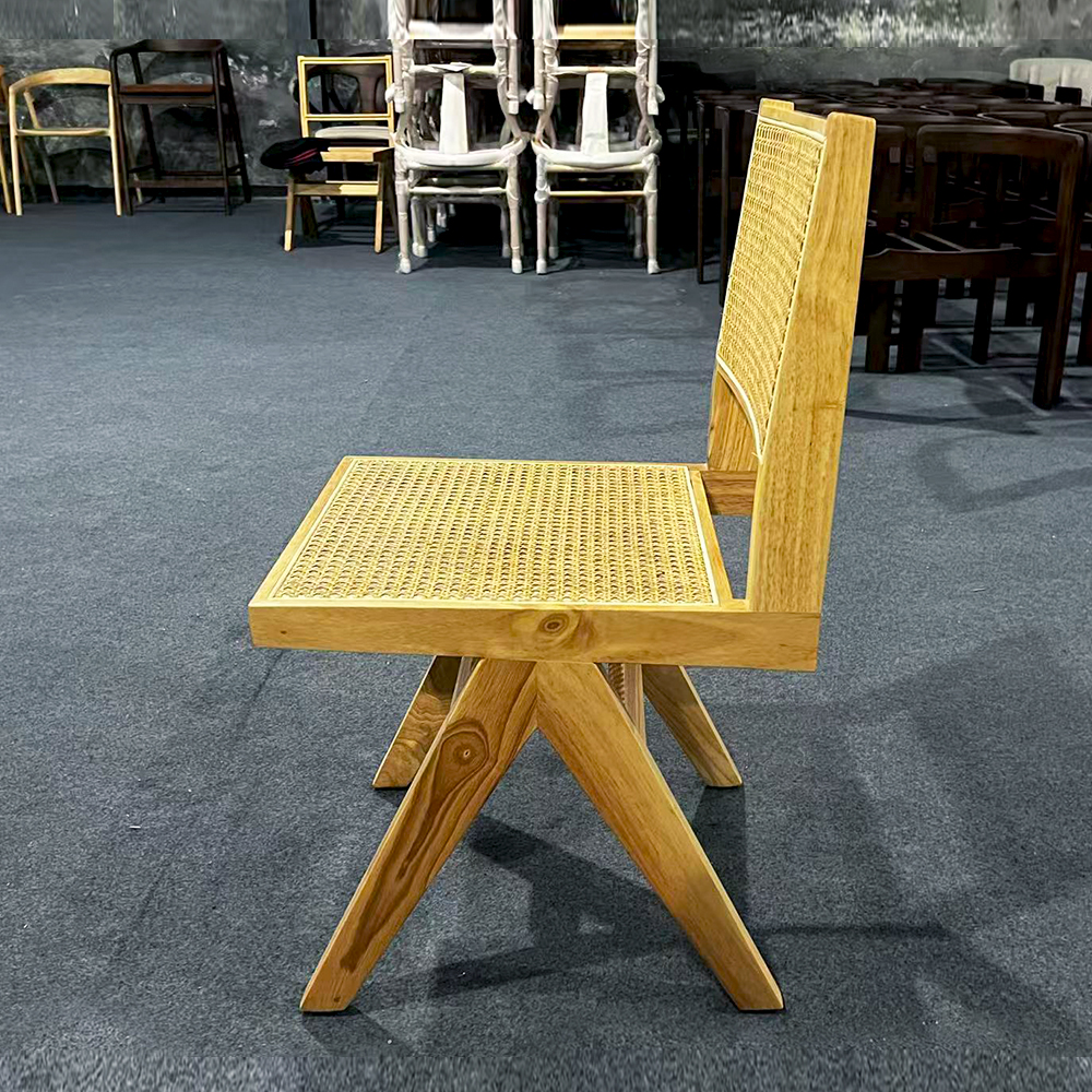 High Quality Rubber Wood Dining Chair, Nordic Style Armless Woven Rattan Chair with Natural Rubber Wood Frame for Home