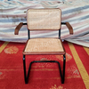 Nordic Armed Arched Rattan Dining Chair, Beech Wood Edge Plastic Rattan Chair with Spray Black Legs