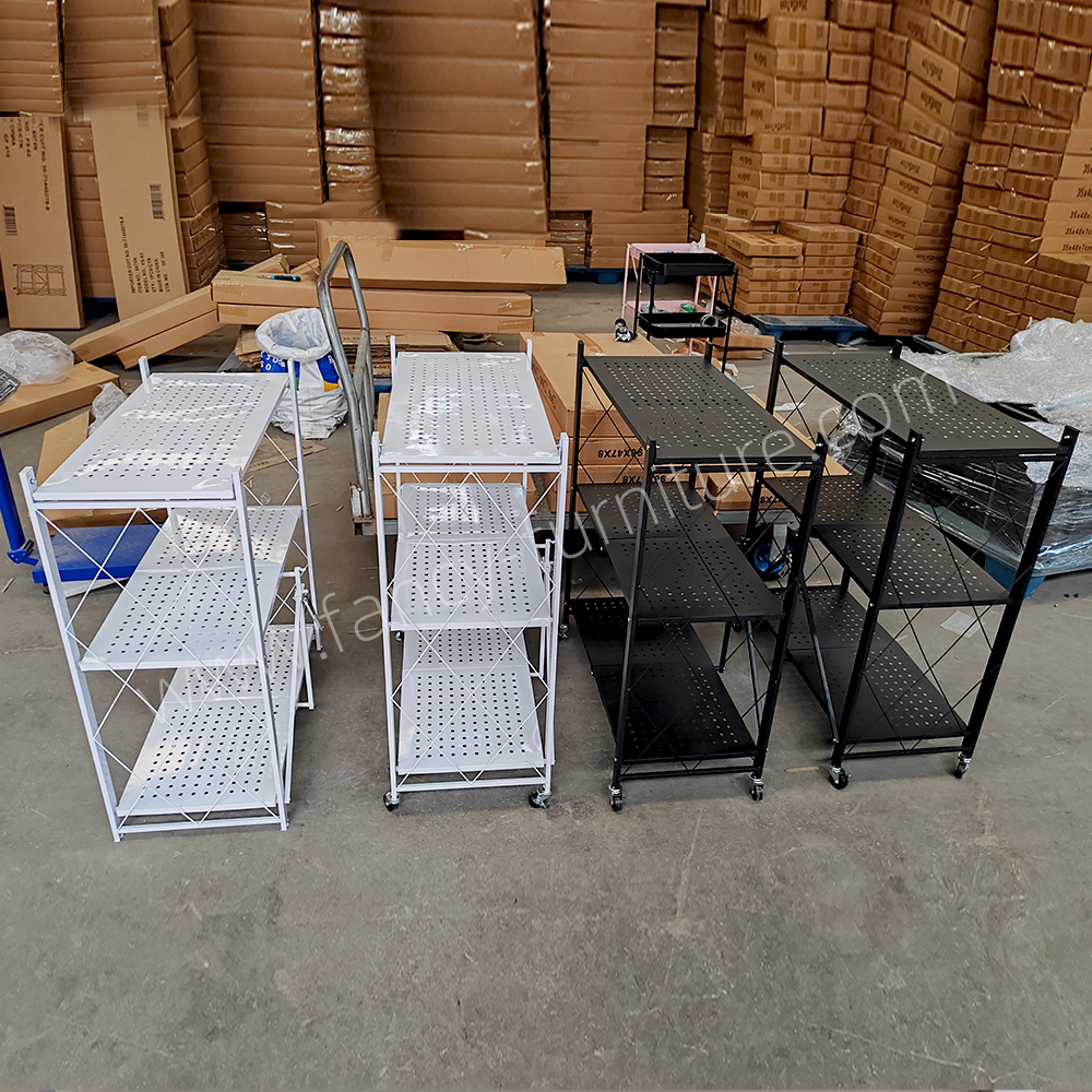 3 Tier Foldable Metal Storage Shelf with Wheels, Collapsible Rolling Rack, Heavy Duty No Assembly Organizer for Kitchen Home