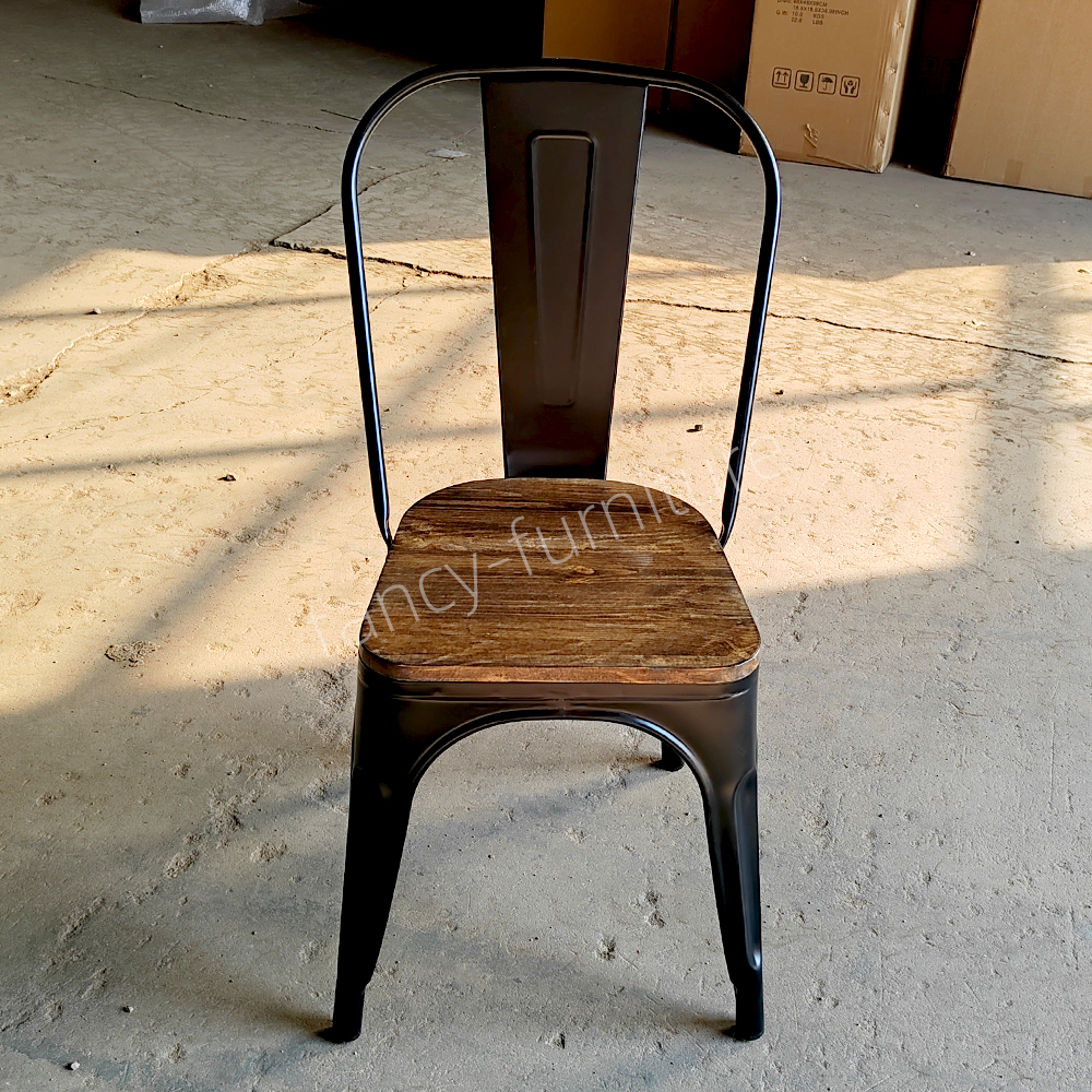 Black Industrial Stackable Metal Dining Chair with Solid Wood Seat, Iron Chair for Restaurant, Cafe, Patio And Home Kitchen