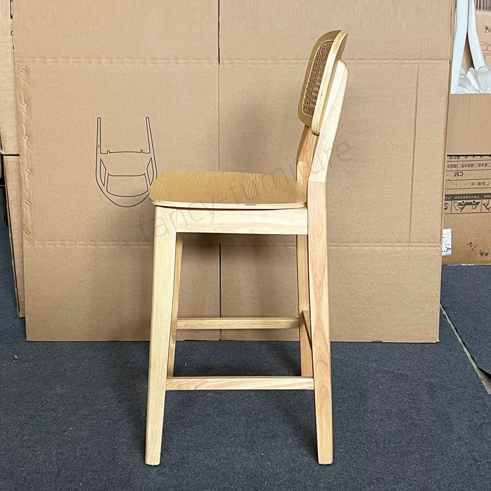 Wholesale Modern Ash Wood Bar Stool with Real Rattan Back & Seat, Ergonomic Counter Height Kitchen Bar Chair with Solid Wood Frame for Home, Restaurant,