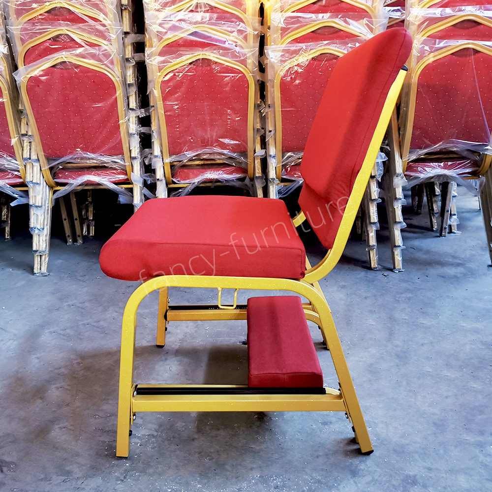 Metal Frame Stackable Church Prayer Chair with Kneeler, Red Fabric Upholstered Worship Chair for Church