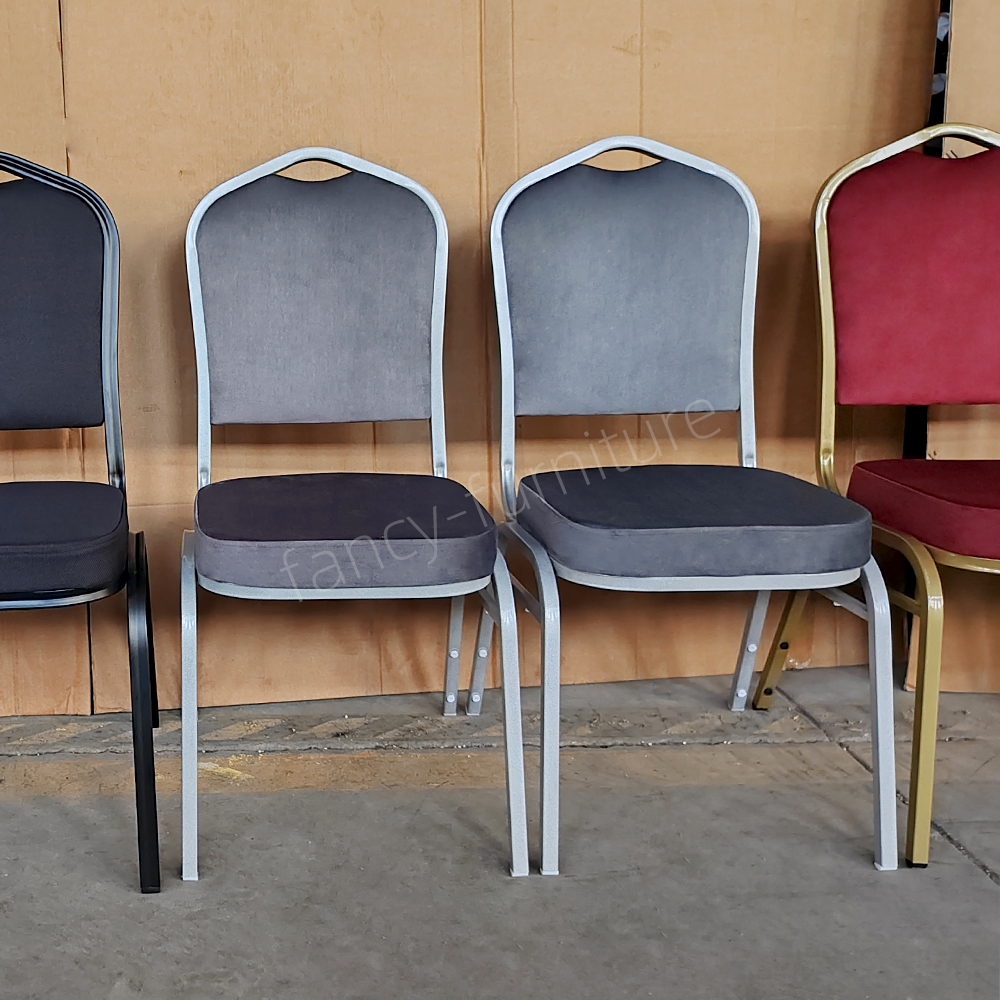 Fancy Banquet Chair Modern Metal Fabric Stackable Stable Commercial Hotel Dining Chair Solid Back Foam Cushion Iron Legs