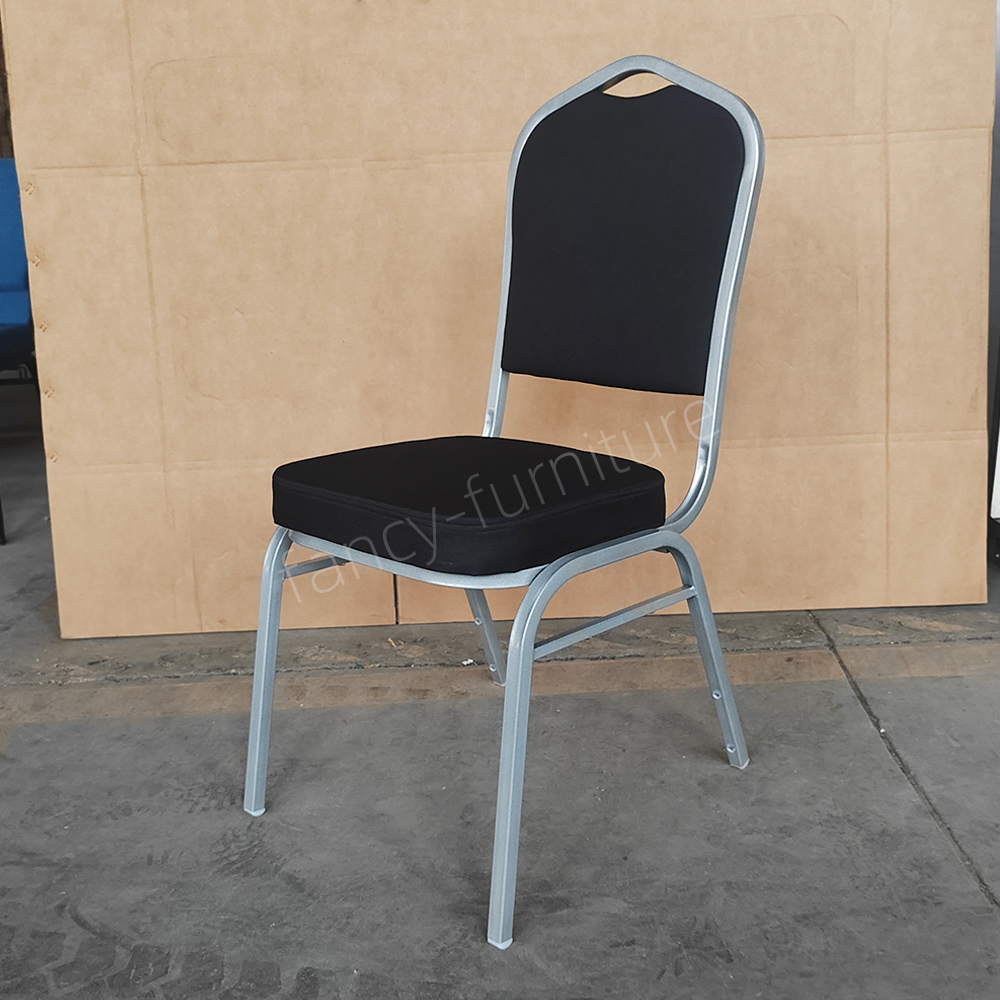 Black Fancy Banquet Chair Modern Metal Fabric Stackable Stable Commercial Hotel Dining Chair Solid Back Foam Cushion Iron Legs