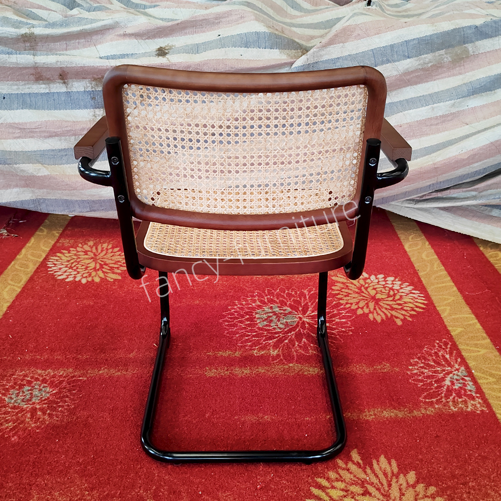 Nordic Armed Arched Rattan Dining Chair, Beech Wood Edge Plastic Rattan Chair with Spray Black Legs