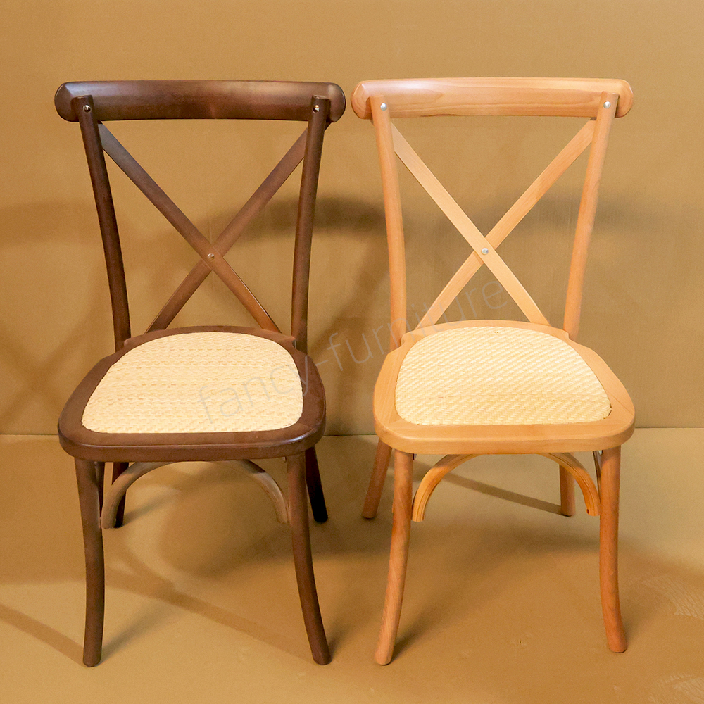 Wholesale Stackable Beech Wood Crossback Chairs, Natural Real Rattan Seat, Durable Rustic Dining Chairs for Cafe & Hotel Use