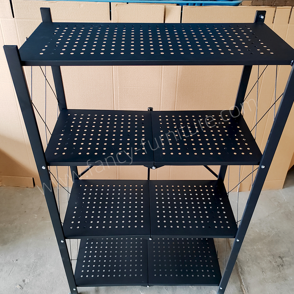 4-Tier Foldable Iron Kitchen Storage Shelf with Wheels Heavy Duty Powder-Coated Rolling Rack Organizer for Microwave Oven Food