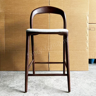 Modern Walnut Solid Wood Bar Stool with Upholstered Cushion, Curved Back Counter Height Chair for Kitchen & Bar