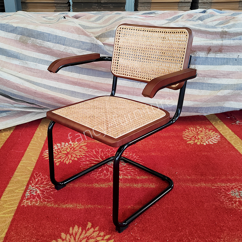 Nordic Armed Arched Rattan Dining Chair, Beech Wood Edge Plastic Rattan Chair with Spray Black Legs