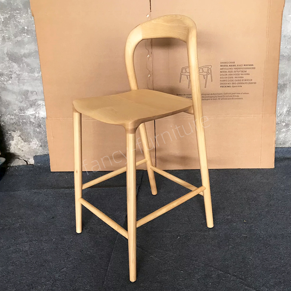 Modern Solid Wood Bar Stool, Curved Backrest Counter Height Chair, Natural Ash Wood Finish for Kitchen & Bar